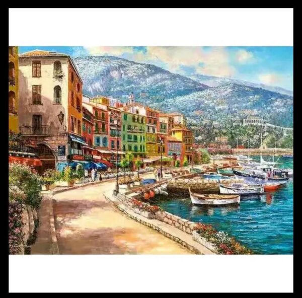 5d Diamond painting The Houses & The River full round drill 40*50  لوحة البيوت والبحر رسم بالماس