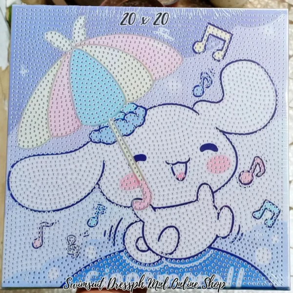 5d Diamond Painting rabbit and blue umbrella round drill 20*20 لوحة الارنب والشمسيه الزرقاء لوحات ماسية مشدوده علي ايطار